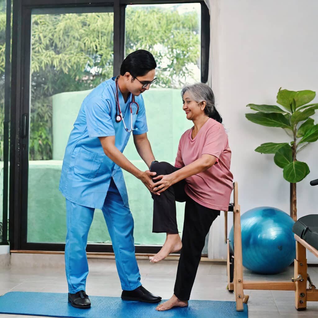 A healthcare professional assists an elderly woman with a knee exercise in a bright, modern room with exercise equipment and a potted plant.