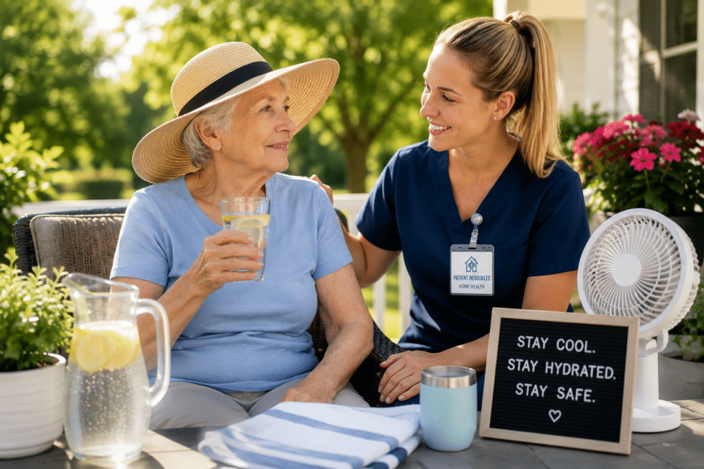 An elderly woman with a sunhat sits outdoors holding a glass of water beside a caregiver beating the heat. A fan, lemon water, and sign reading “Stay cool. Stay hydrated. Stay safe.” are on the table.